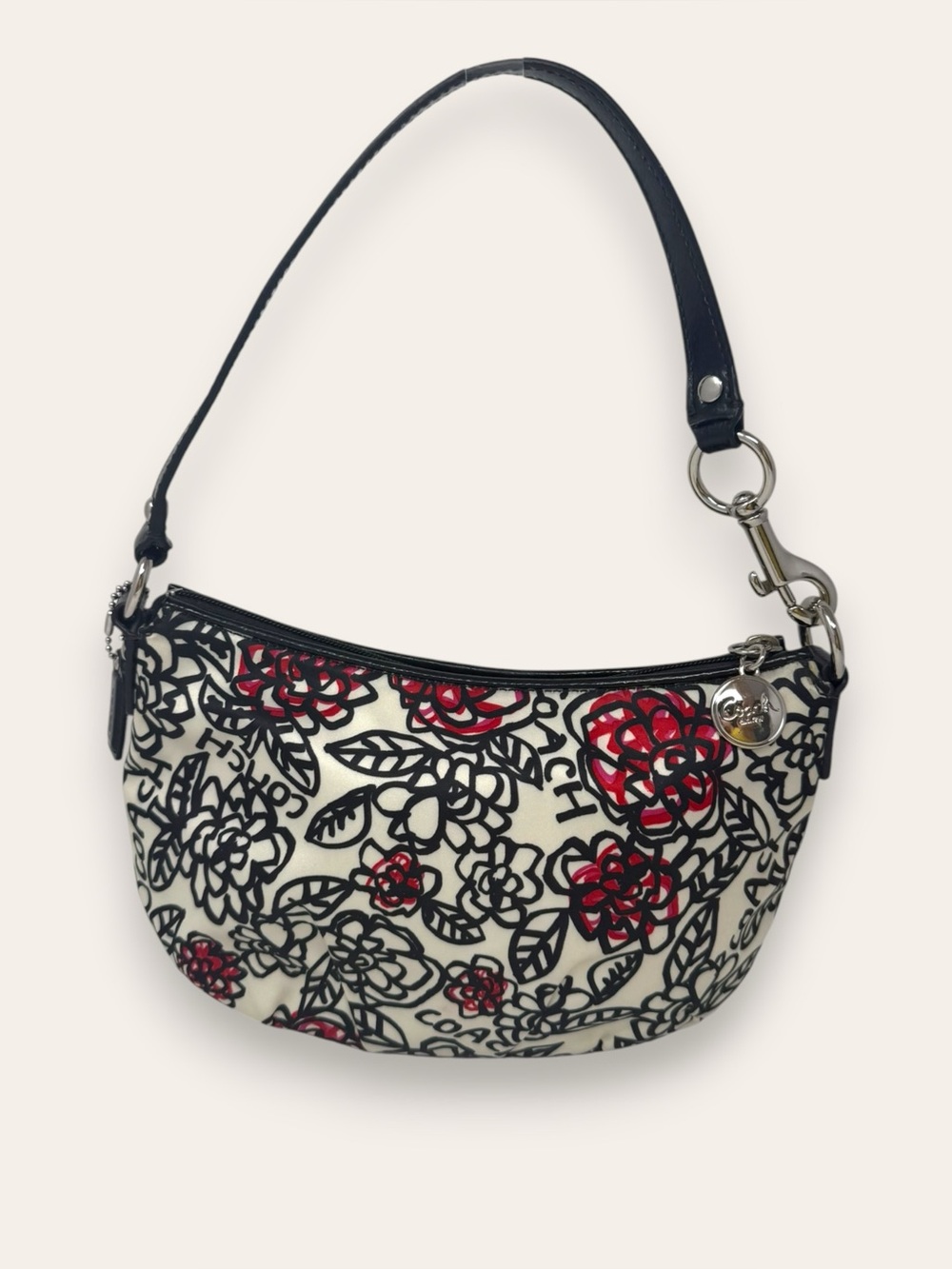 Coach Poppy Floral Graffiti Shoulder Mini Bag Y2K Satin with Leather Trim Zip